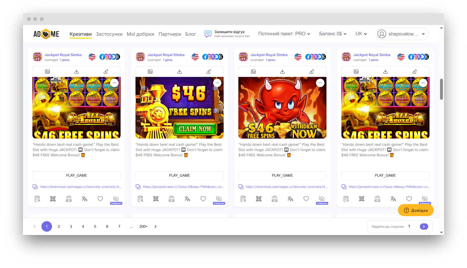 Criativos de gambling no Adheart